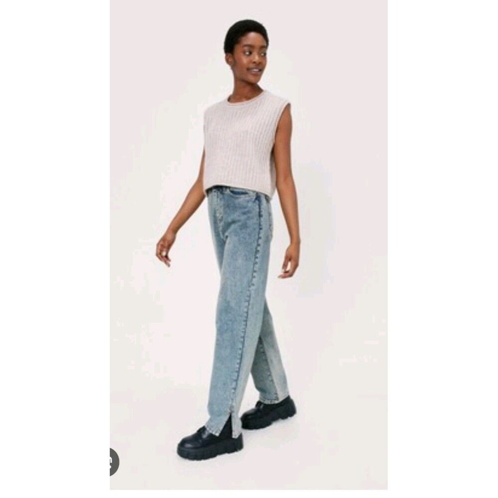Nasty Gal Size US 12 Organic Blue Denim‎ Split Hem High Rise Mom Jeans NWT - Picture 2 of 11